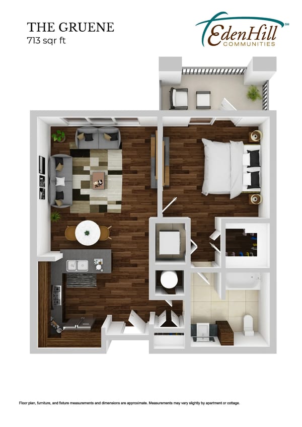 Floor plan of a one-bedroom apartment with a living room, kitchen, bathroom, bed