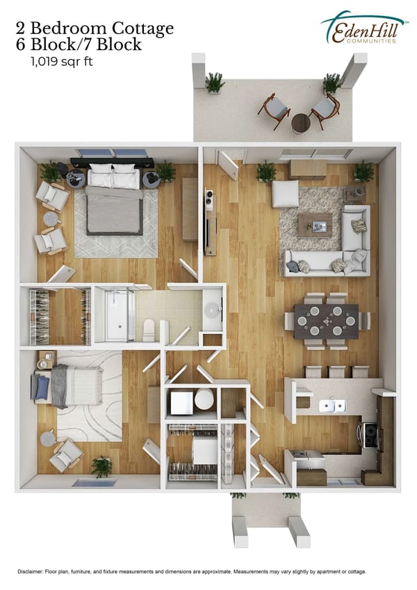 Floor plan of a two-bedroom cottage at Eden Hill Communities, featuring a living