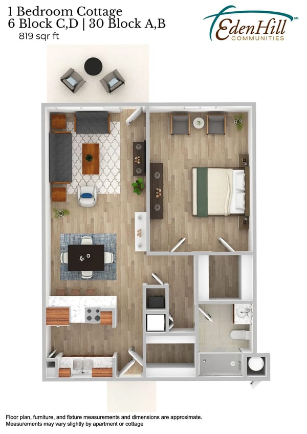Floor plan of a one-bedroom cottage showing living room, kitchen, dining area, b
