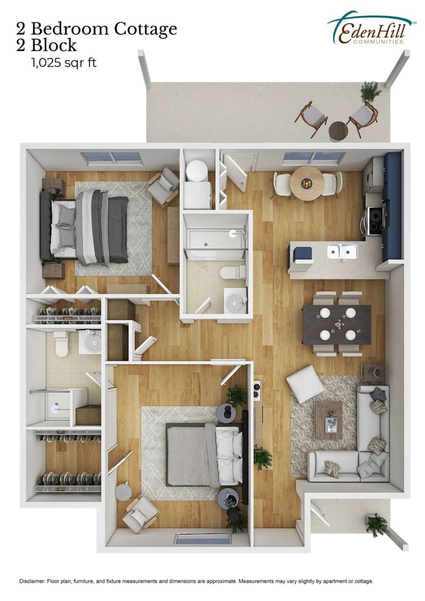 Floor plan of a 2-bedroom cottage with living room, kitchen, dining area, two be