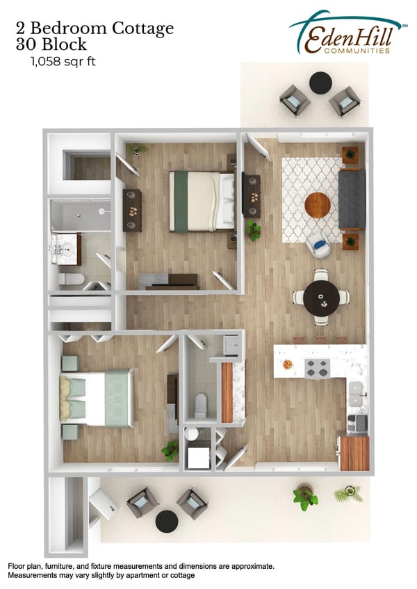Floor plan of a two-bedroom cottage at Eden Hill Communities, 30 Block, 1,058 sq