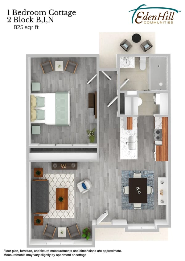 Floor plan of a 1-bedroom cottage with a bedroom, bathroom, kitchen, dining area