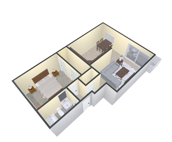 Floor Plan  A 3D floor plan of a small apartment with a kitchen, living room, an