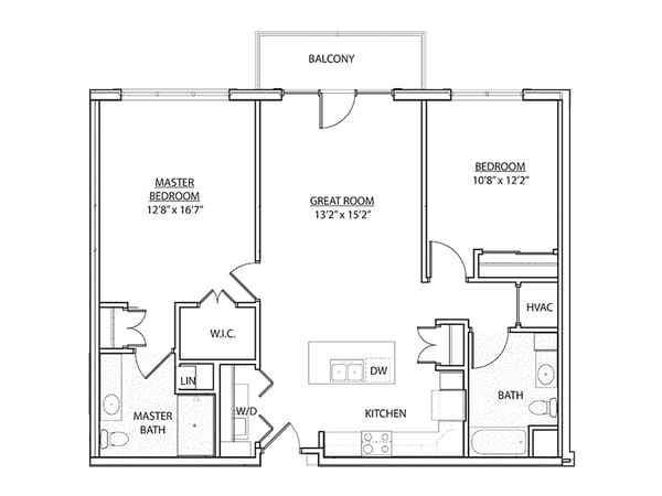 Black and white floor plan of a two-bedroom, two-bath apartment with a great roo