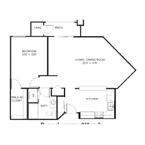Black and white floor plan of a one-bedroom apartment featuring a bedroom, walk-