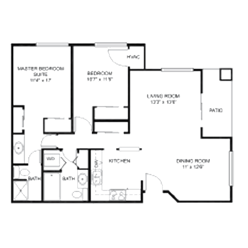 Black and white floor plan of an apartment with two bedrooms, two bathrooms, a k