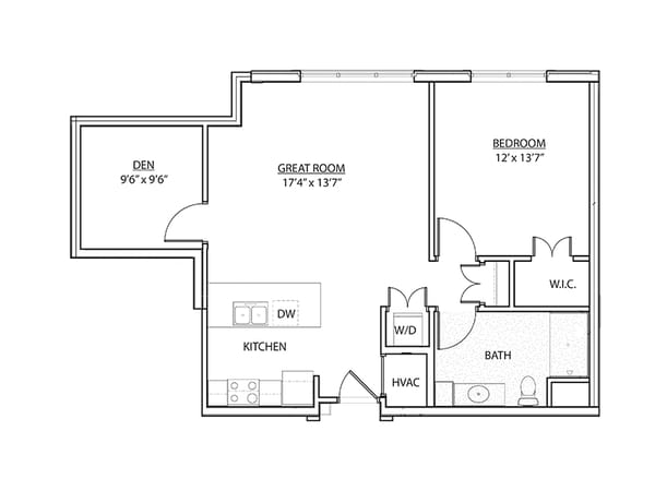 Black and white floor plan showing a kitchen, great room, den, bedroom with walk
