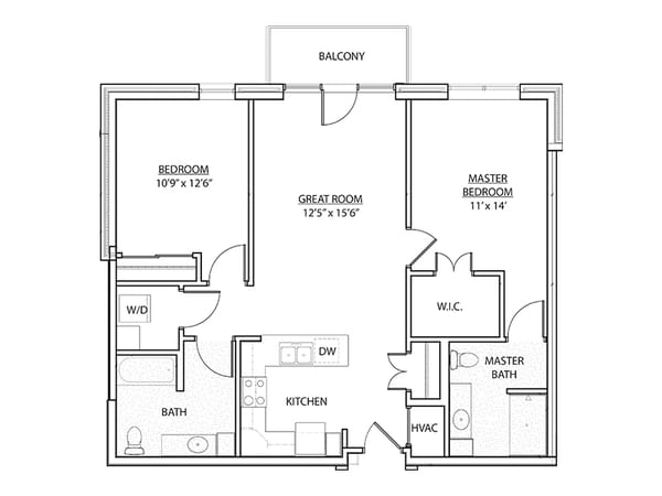 Black and white floor plan of a two-bedroom apartment with a kitchen, great room