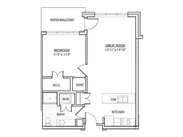 Black and white floor plan of a one-bedroom apartment with patio/balcony, great 