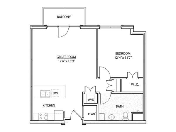 Black and white floor plan of a one-bedroom apartment with a kitchen, great room