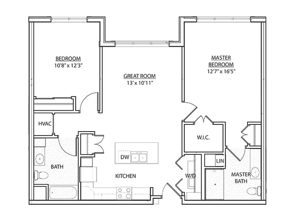 Black and white floor plan of a two-bedroom apartment with a great room, kitchen