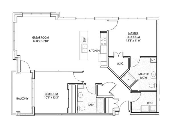 Black and white floor plan of a two-bedroom, two-bath apartment with a balcony, 