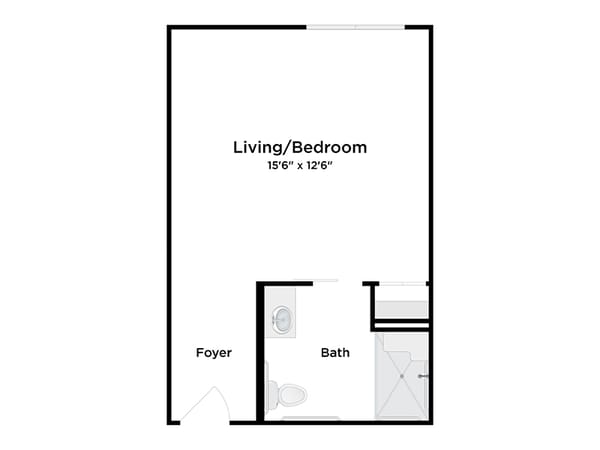 Black and white floor plan of a studio apartment with a combined living/bedroom 