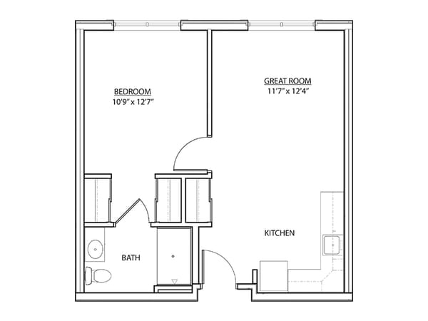 A floor plan of a one-bedroom apartment with a bedroom, bathroom, kitchen, and g