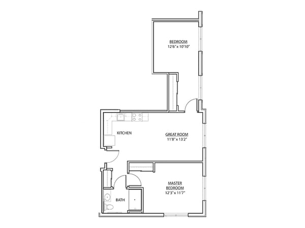 Black-and-white floor plan of an apartment with two bedrooms, one bathroom, a ki