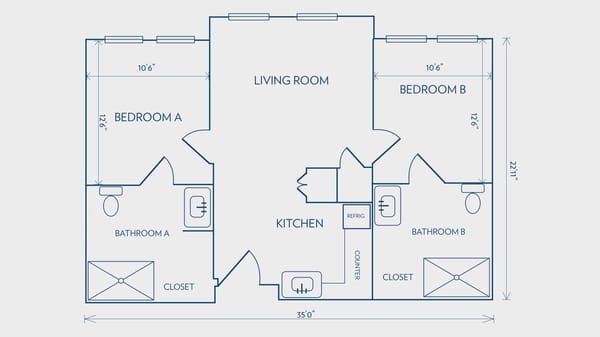 Assisted Living Two Bedroom 805 sq ft