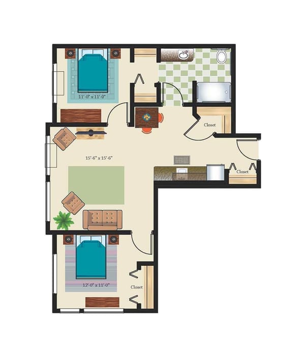 Two Bed One Bath 900 Sq. Ft. Assisted Suite