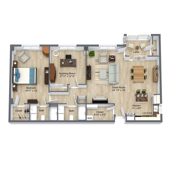 Architectural floor plan of a two-bedroom layout