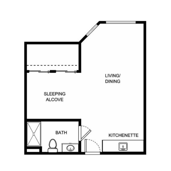Cozy layout featuring a living area, kitchenette, and private sleeping alcove, p