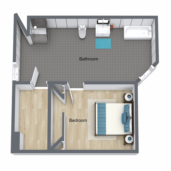 A cozy layout featuring a bedroom, kitchenette, and inviting patio, perfect for 