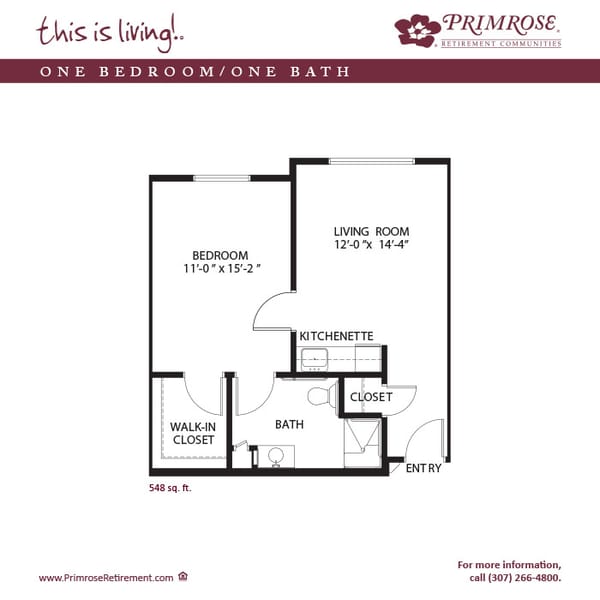 Architectural floor plan of a one-bedroom unit