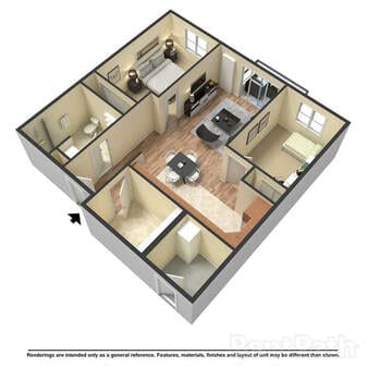 2 Bed, 1 Bath Floorplan