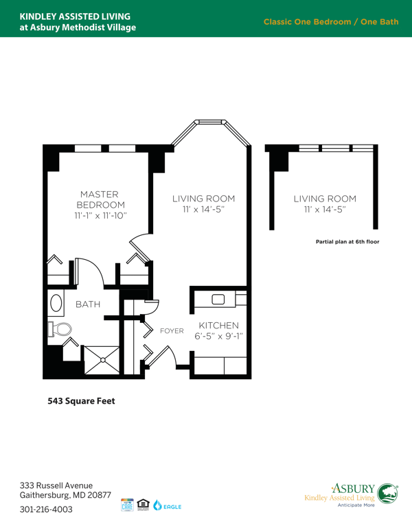 Architectural floor plan of a one-bedroom unit