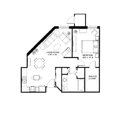 Black and white floor plan of a one-bedroom apartment with a living room, kitche