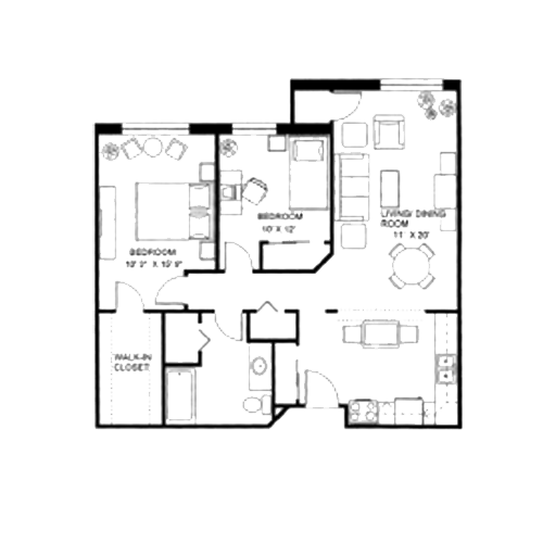 Black and white floor plan of an apartment with two bedrooms, a walk-in closet, 