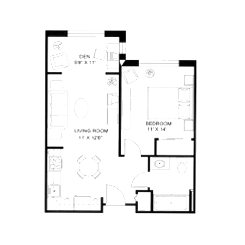 Black and white floor plan showing a living room, kitchen, den, bedroom, bathroo