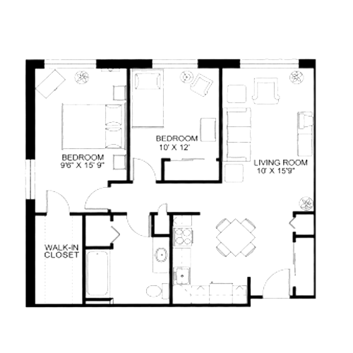 Black and white floor plan of an apartment with two bedrooms, a living room, kit