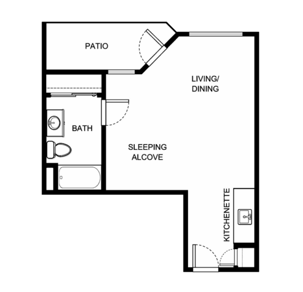 A welcoming layout featuring a living area, kitchenette, and private patio, perf