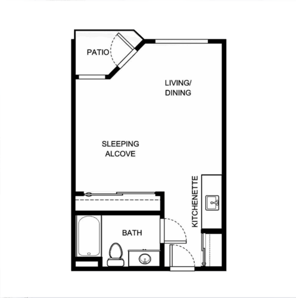 This inviting floor plan features a comfortable living space, kitchenette, and c