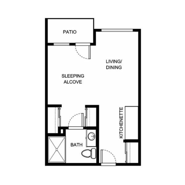 Spacious layout with a welcoming living area, kitchenette, and private patio for