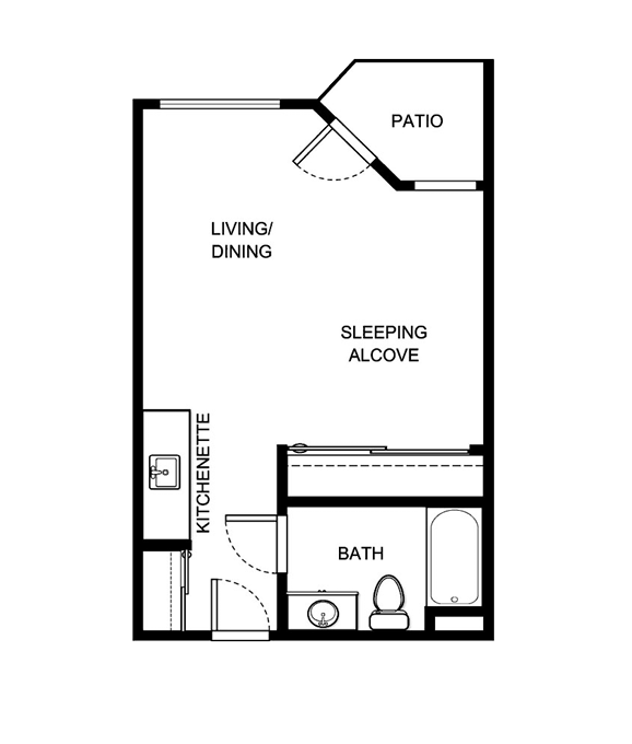 Cozy layout featuring a living area, kitchenette, and patio, perfect for comfort