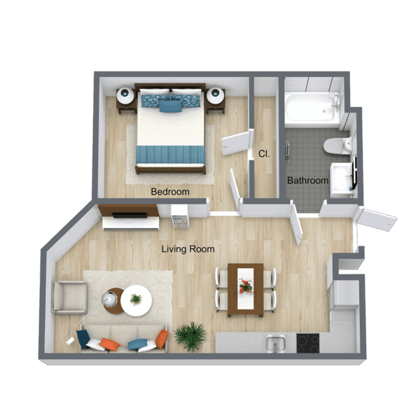 Charming layout featuring a patio, cozy living space, and convenient kitchenette