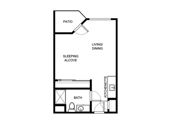 Bright and inviting layout features a serene patio, perfect for community living