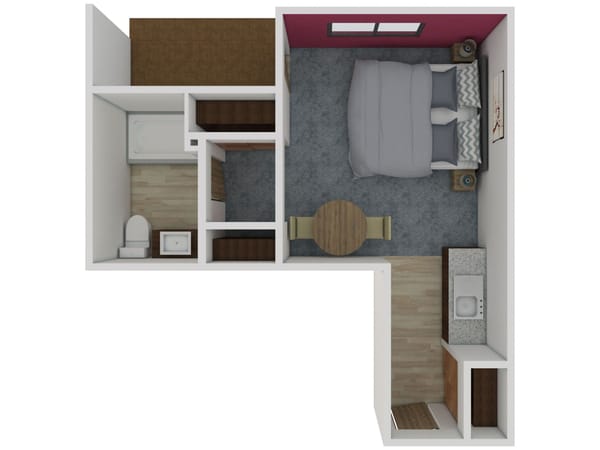 Architectural floor plan of a one-bedroom unit