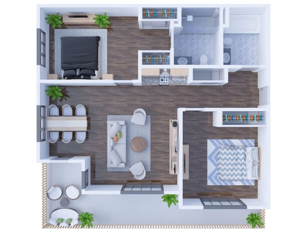 Top-down view of a modern living space layout