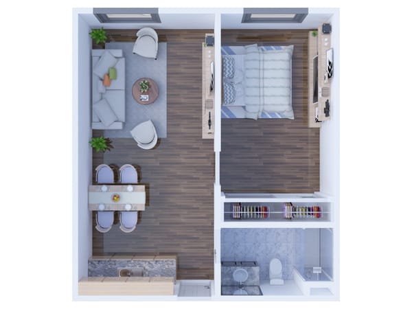 Floor plan of a senior living unit with living and bedroom areas