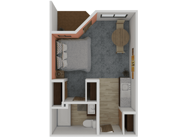 Floor plan of a one-bedroom resident unit