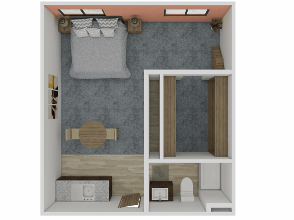 Floor plan layout of a private resident room
