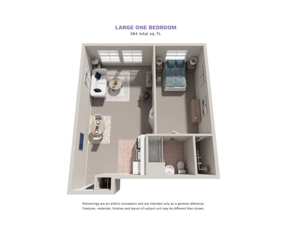 Parkrose Estates floor plan for a large one bedroom, 564 total square feet. The 