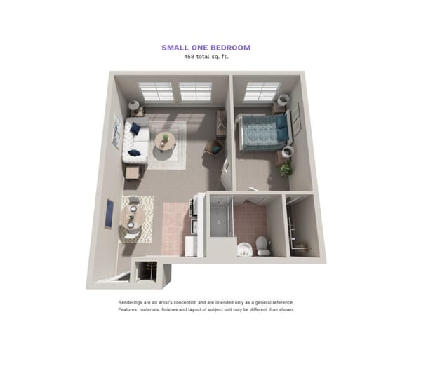 Parkrose Estates floor plan for a small one bedroom, 458 total square feet. The 