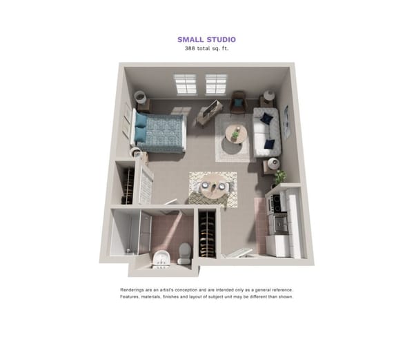 Parkrose Estates floor plan for a small studio, 388 total square feet. The livin