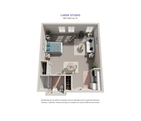 Parkrose Estates floor plan for a large studio, 462 total square feet. The livin