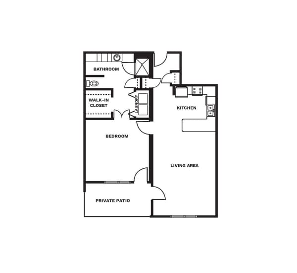 An illustrated floor plan image of a One Bedroom apartment.