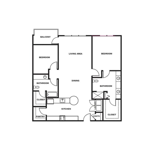 An illustrated Two Bedroom Two Bath B floor plan image.