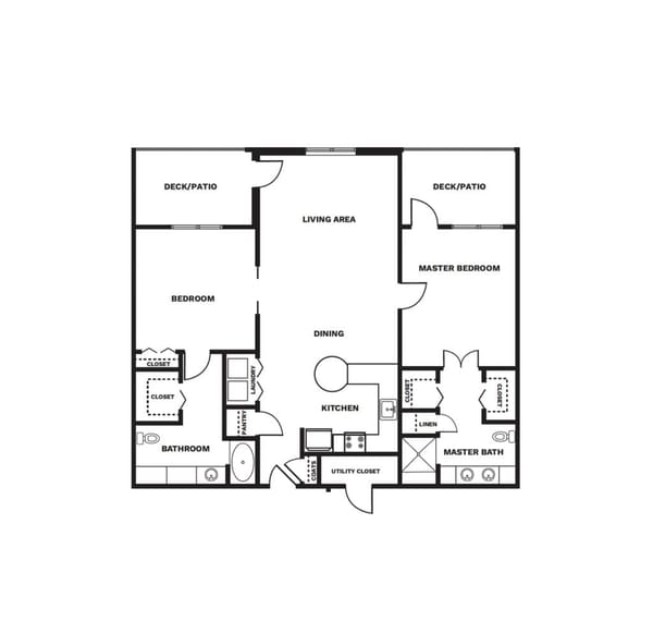 An illustrated floor plan image of a Two Bedroom, Two Bath with Den apartment.
