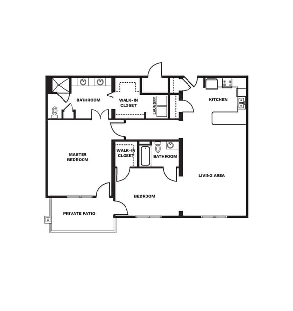 An illustrated floor plan image of a Two Bedroom, Two Bath apartment.